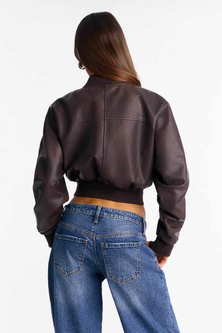 Reese Cropped Faux Leather Bomber Jacket - Chocolate