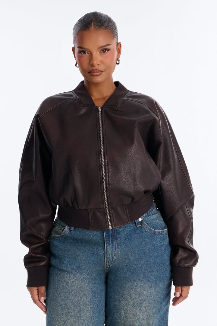 Reese Cropped Faux Leather Bomber Jacket - Chocolate