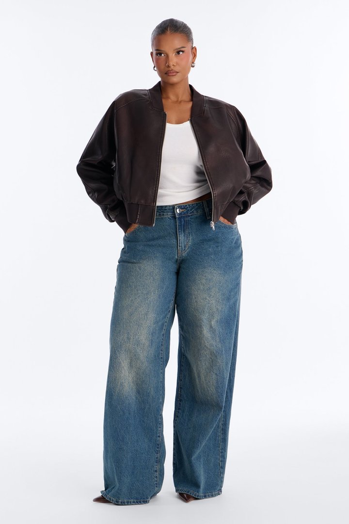 Reese Cropped Faux Leather Bomber Jacket - Chocolate