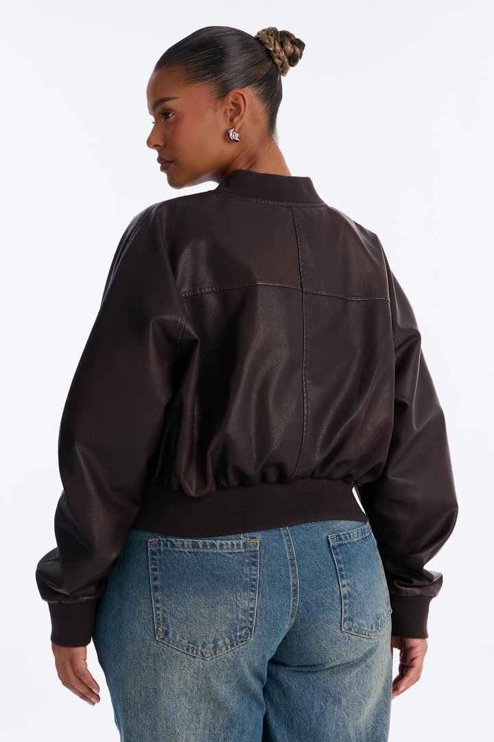 Reese Cropped Faux Leather Bomber Jacket - Chocolate