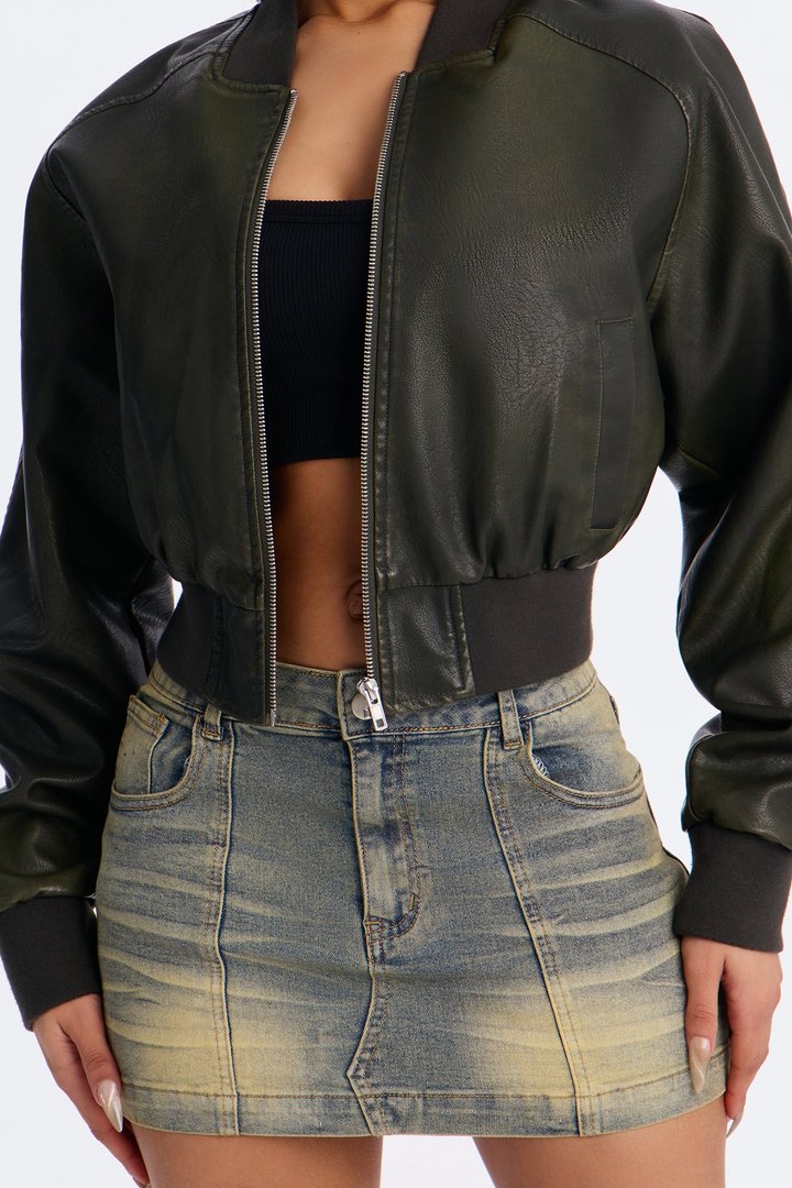 Reese Cropped Faux Leather Bomber Jacket - Olive