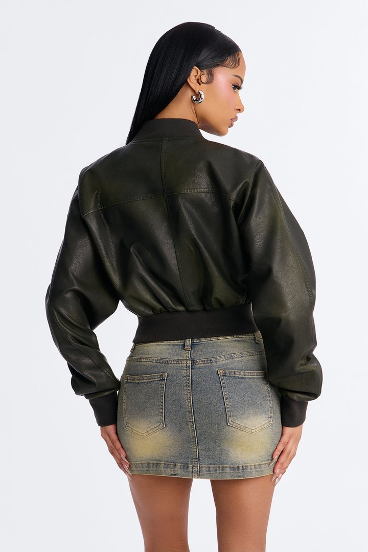Reese Cropped Faux Leather Bomber Jacket - Olive