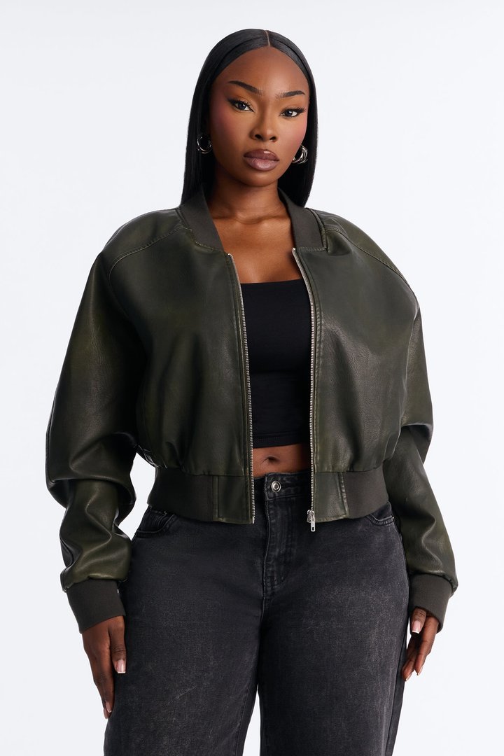 Reese Cropped Faux Leather Bomber Jacket - Olive
