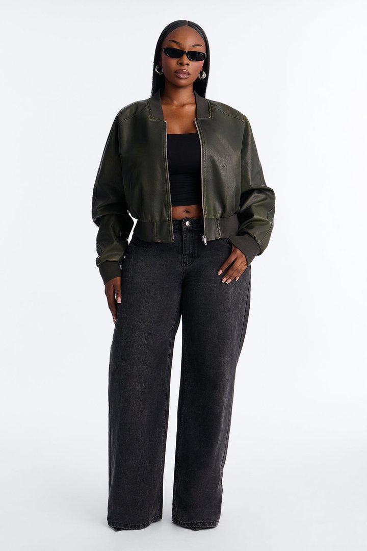 Reese Cropped Faux Leather Bomber Jacket - Olive