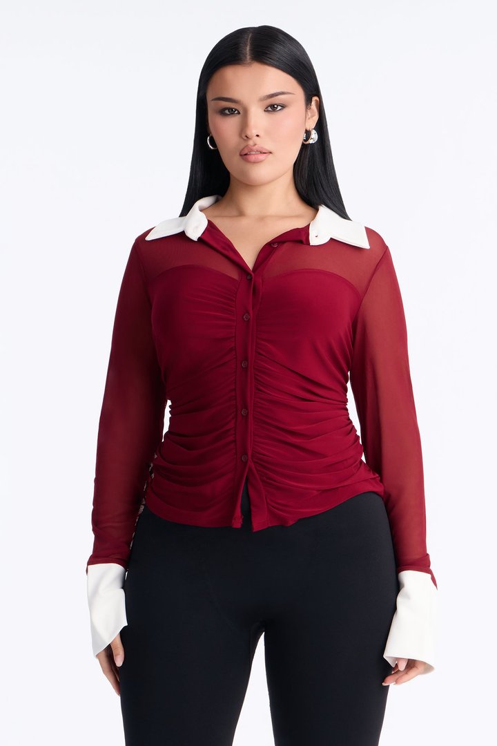 Strictly Yours Ruched Mesh Long Sleeve Shirt - Burgundy