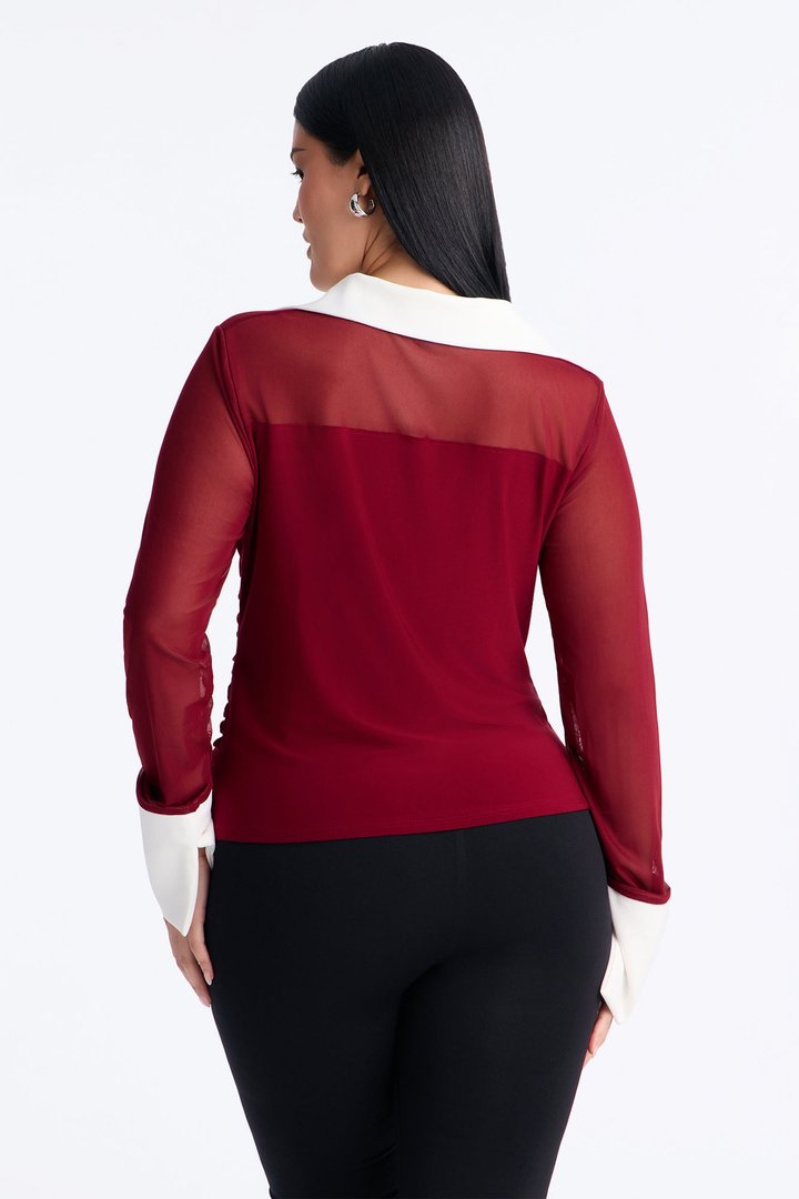Strictly Yours Ruched Mesh Long Sleeve Shirt - Burgundy