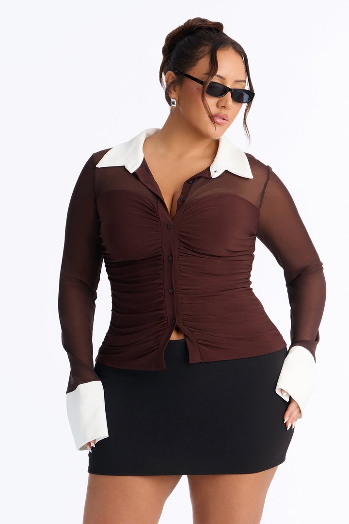 Strictly Yours Ruched Mesh Long Sleeve Shirt - Chocolate