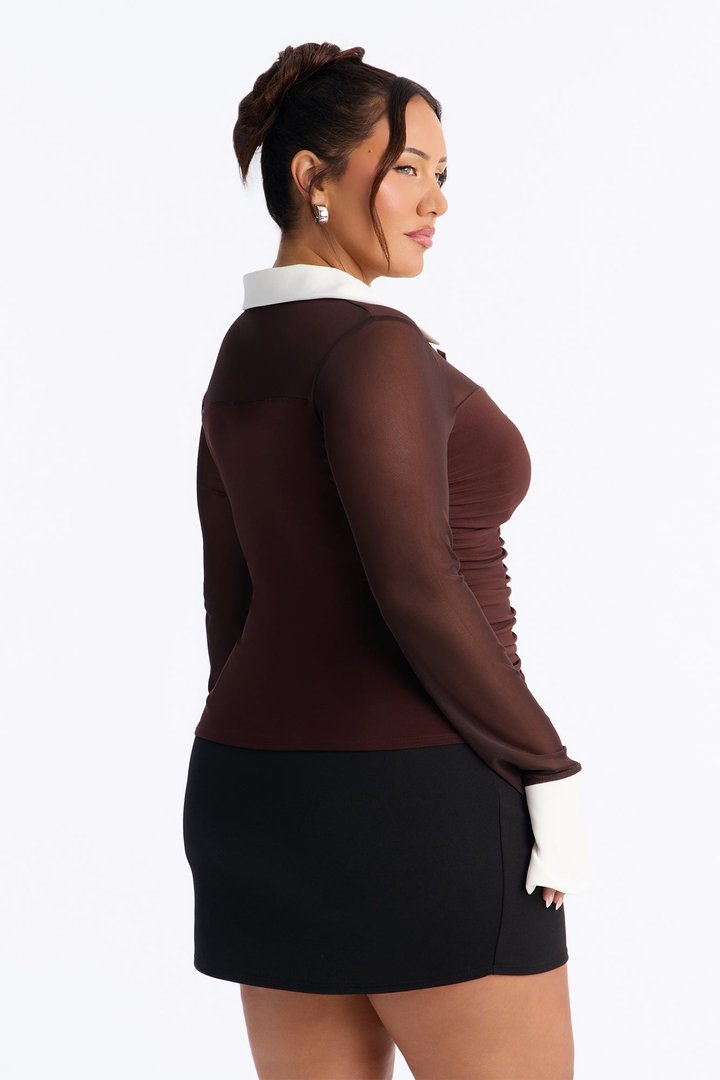 Strictly Yours Ruched Mesh Long Sleeve Shirt - Chocolate