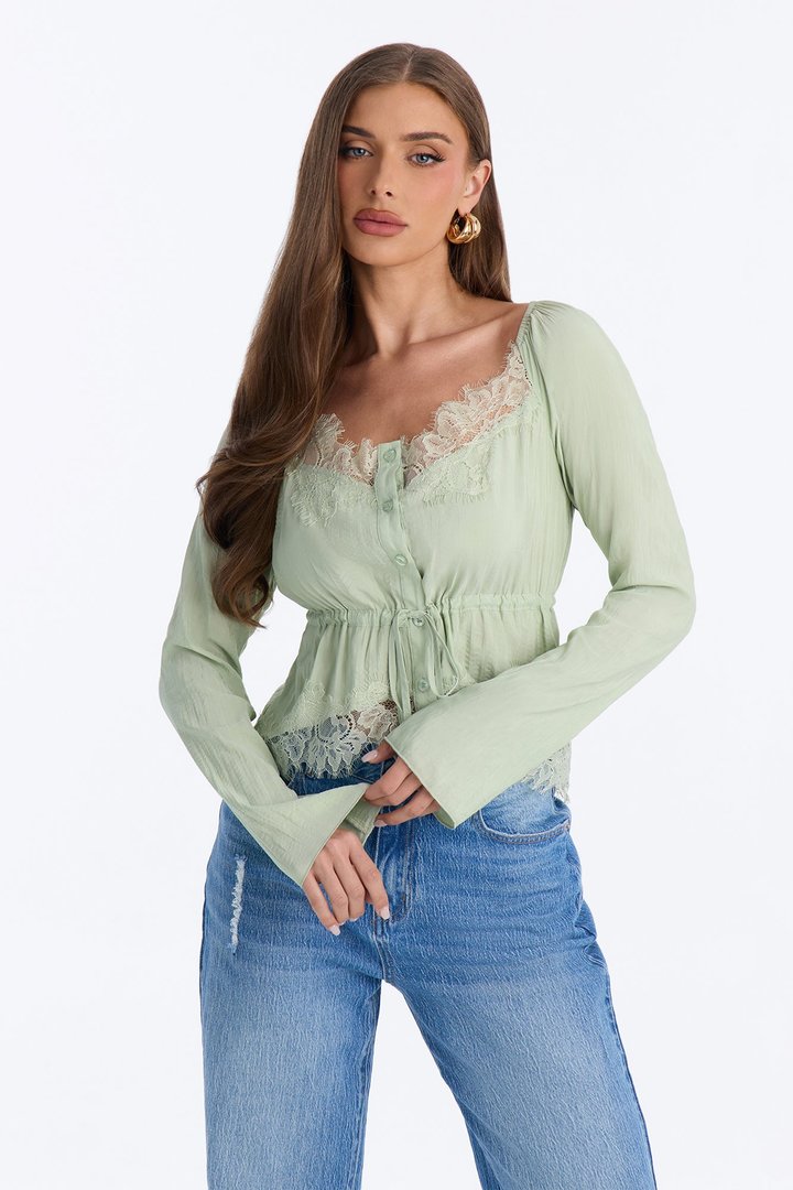 Nikola Lace Trim Button Up Blouse - Sage