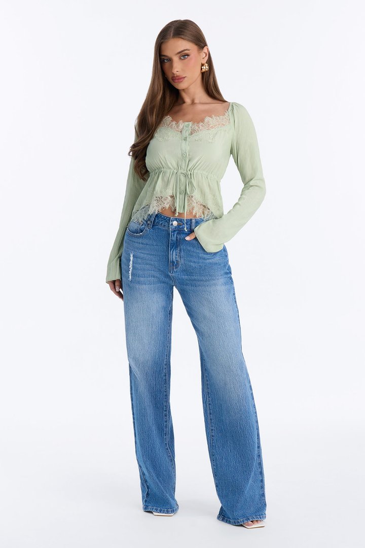 Nikola Lace Trim Button Up Blouse - Sage