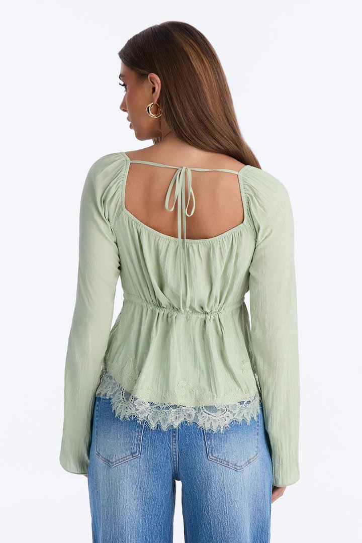 Nikola Lace Trim Button Up Blouse - Sage