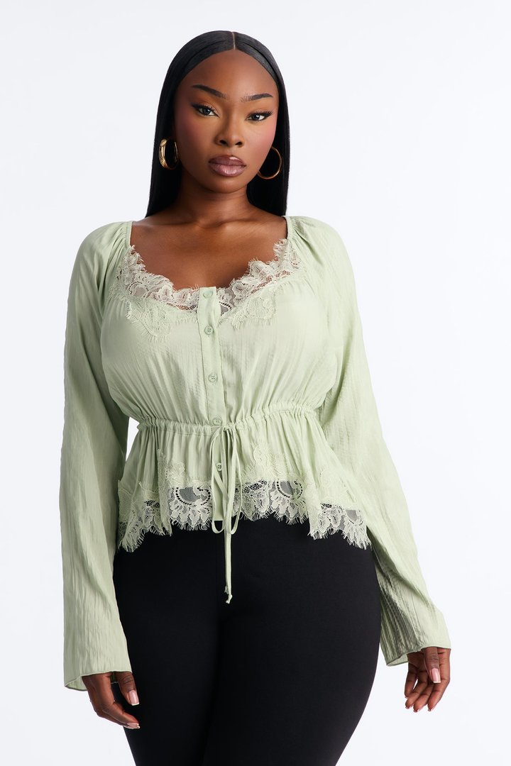 Nikola Lace Trim Button Up Blouse - Sage