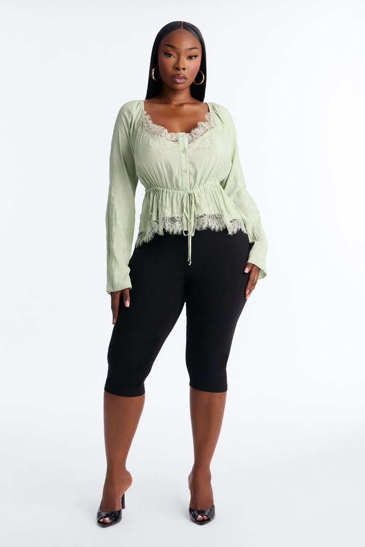 Nikola Lace Trim Button Up Blouse - Sage