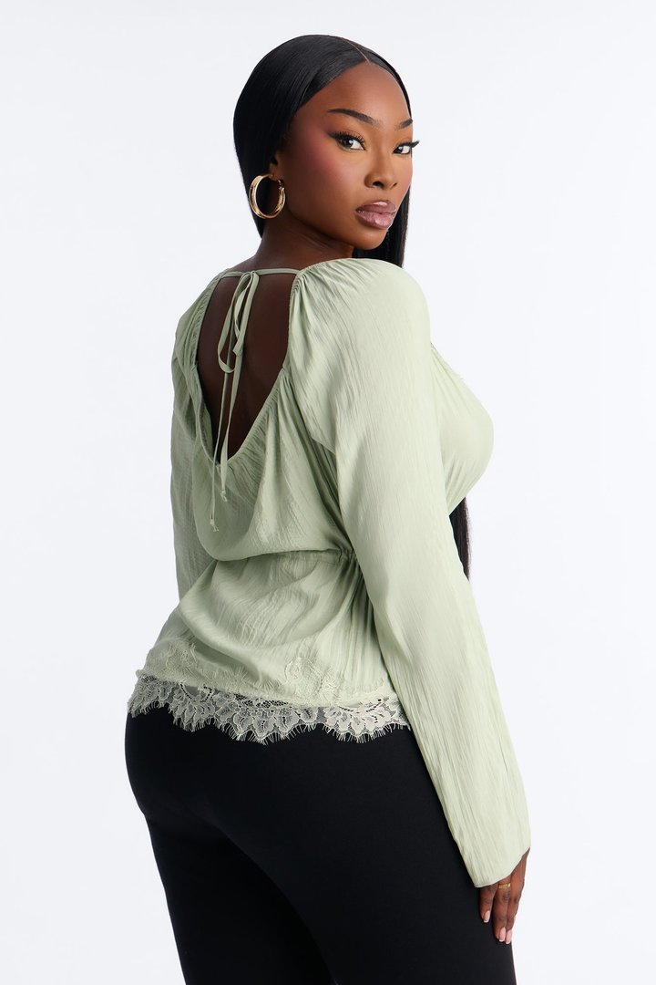 Nikola Lace Trim Button Up Blouse - Sage