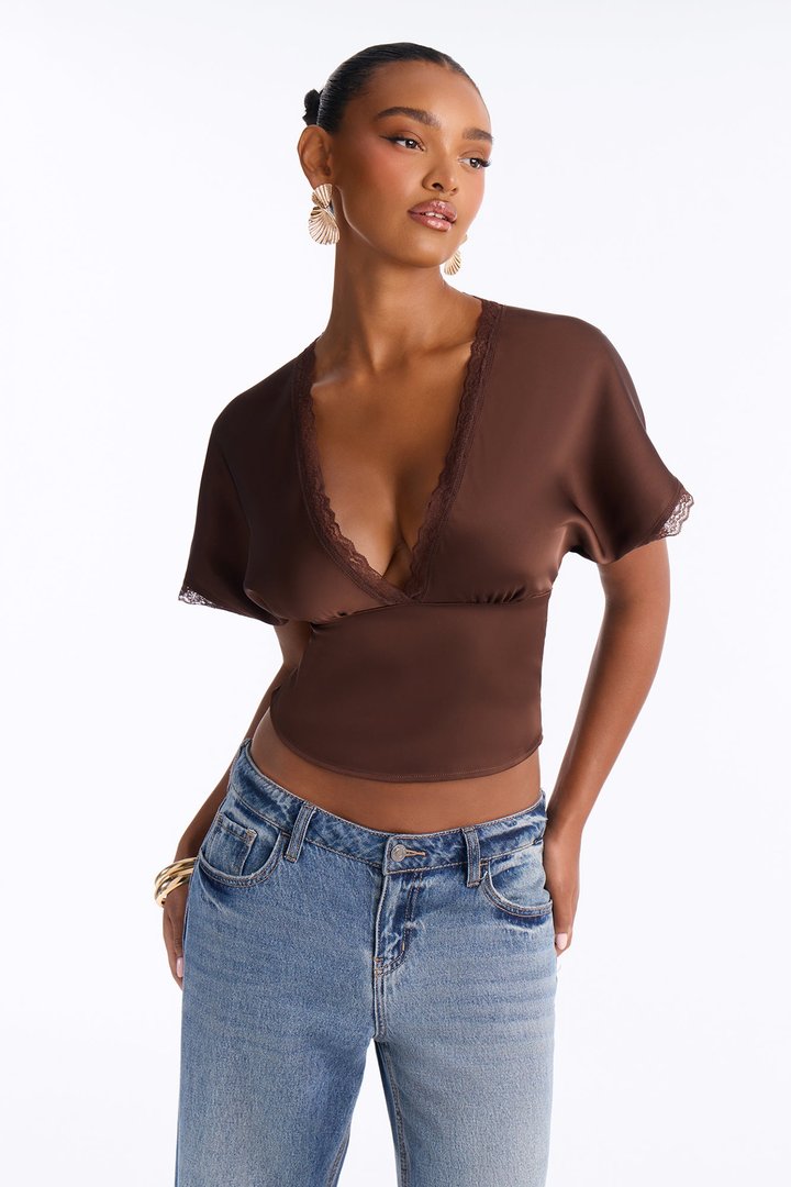 Still Yours V-Neck Satin Blouse - Chocolate