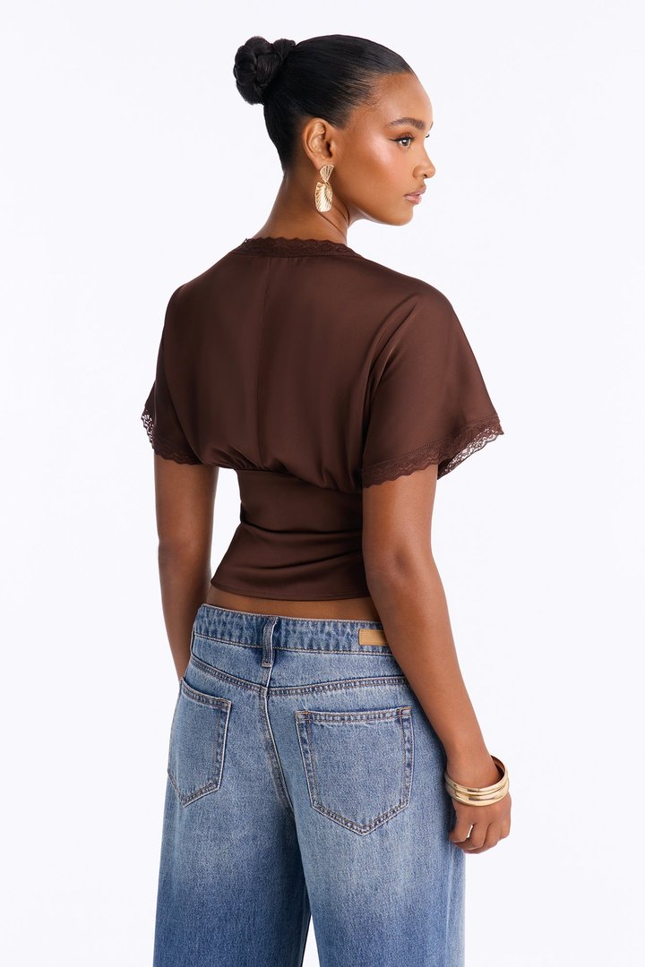 Still Yours V-Neck Satin Blouse - Chocolate