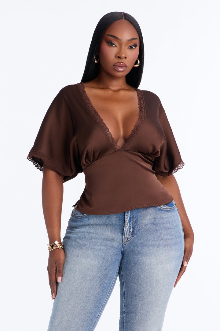 Still Yours V-Neck Satin Blouse - Chocolate
