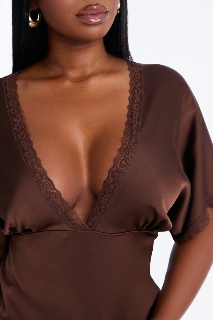 Still Yours V-Neck Satin Blouse - Chocolate