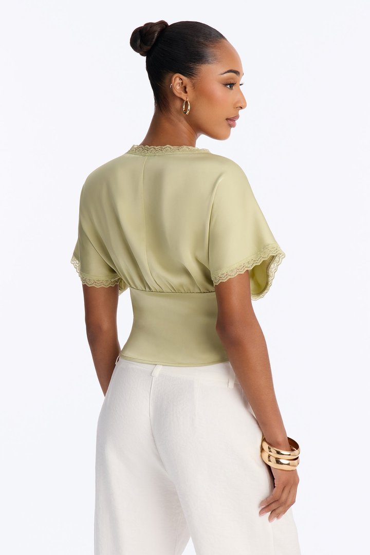 Still Yours V-Neck Satin Blouse - Sage