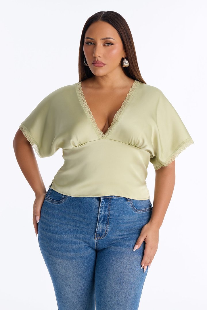 Still Yours V-Neck Satin Blouse - Sage
