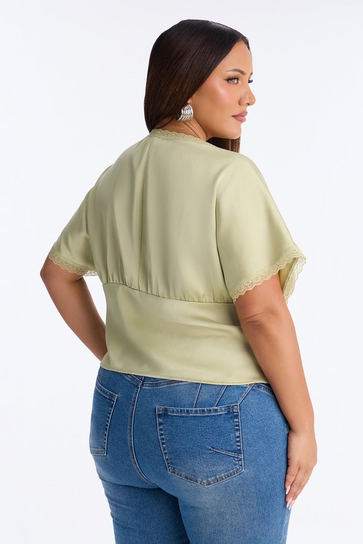 Still Yours V-Neck Satin Blouse - Sage