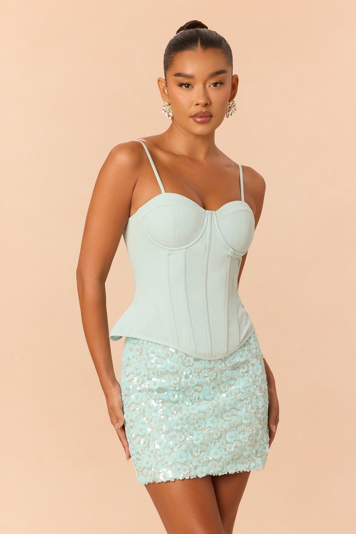 Sweet Serenity Corset Sequin Skirt Set - Aqua