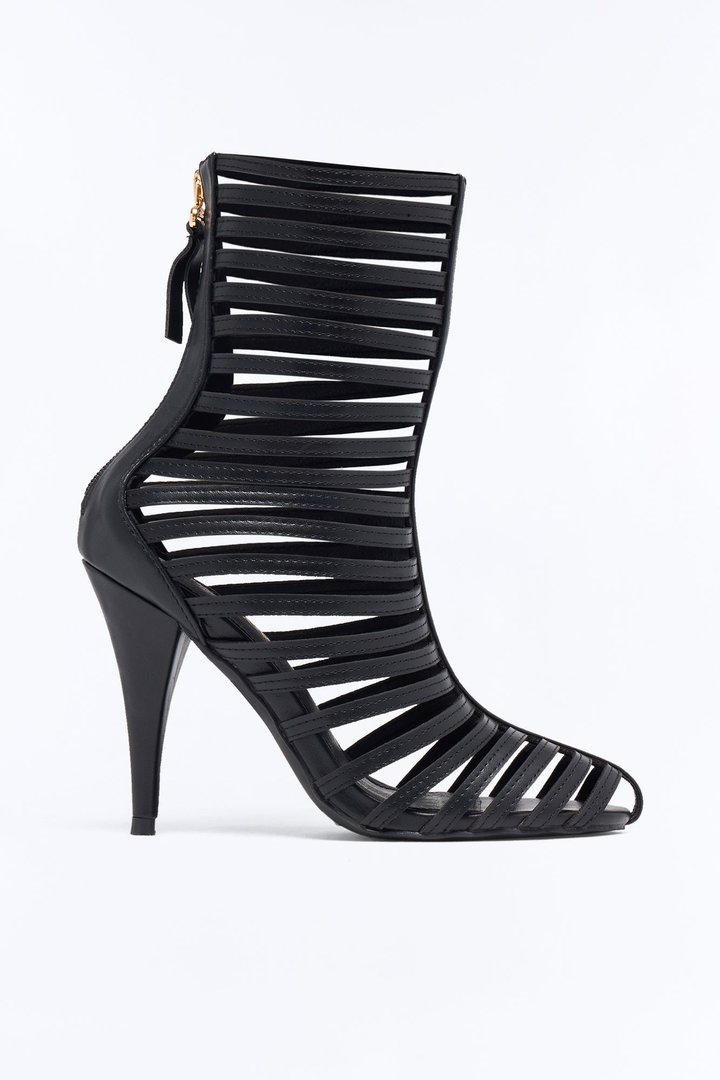 Cage Door Strappy Heeled Booties - Black