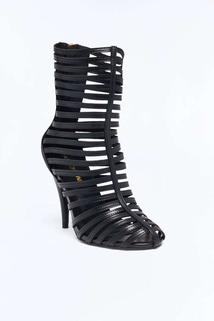 Cage Door Strappy Heeled Booties - Black