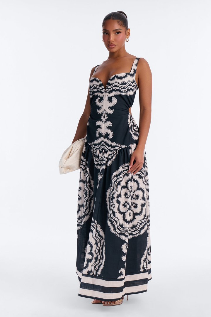 Lucinda Flowy Linen Maxi Dress - Black/combo