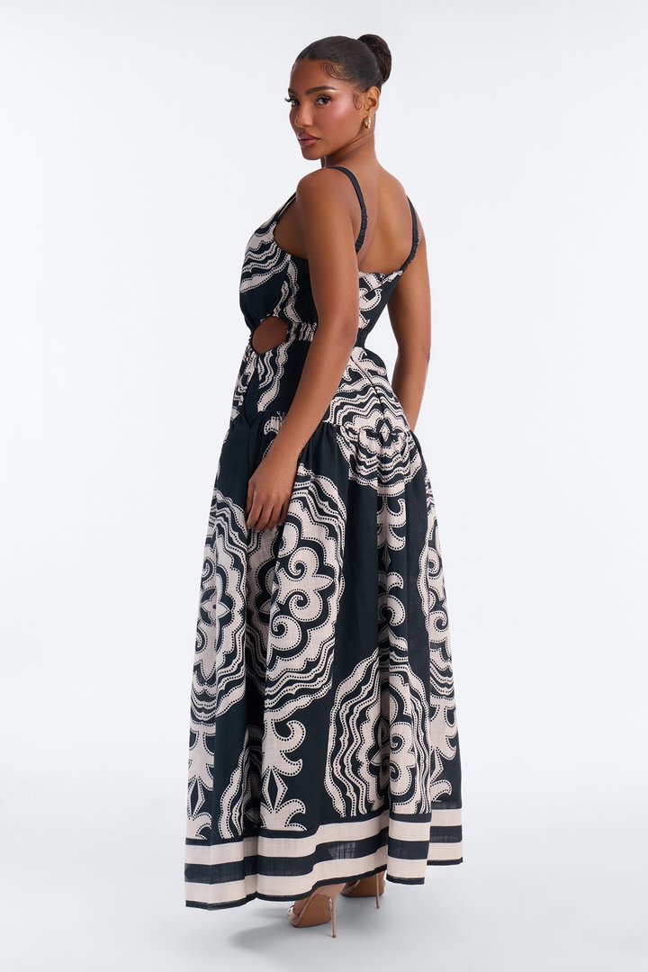 Lucinda Flowy Linen Maxi Dress - Black/combo