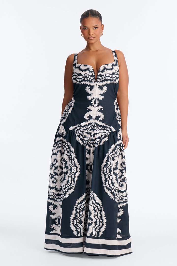 Lucinda Flowy Linen Maxi Dress - Black/combo