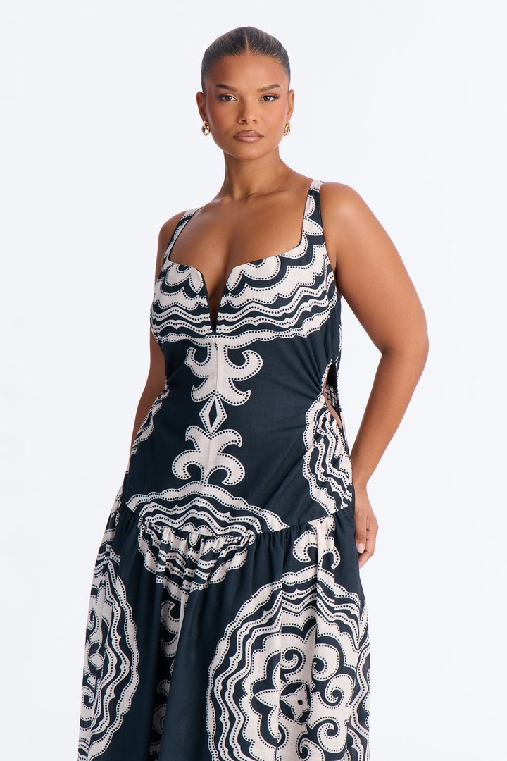 Lucinda Flowy Linen Maxi Dress - Black/combo