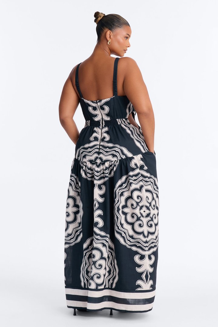 Lucinda Flowy Linen Maxi Dress - Black/combo