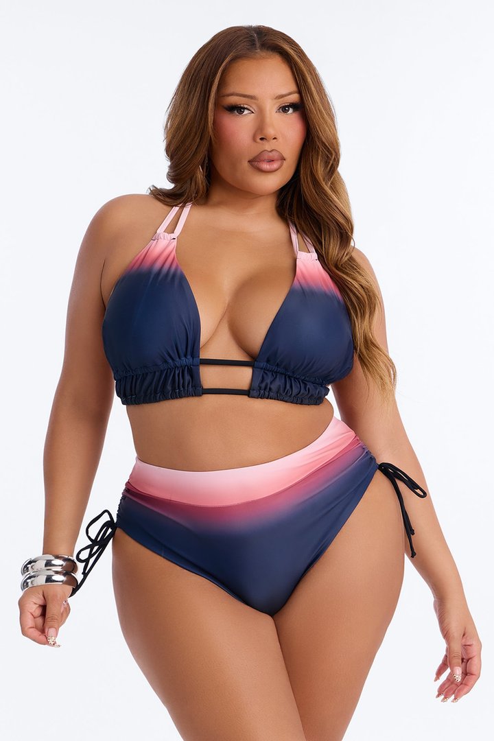 Sunset Fade Ombre Tank Top High Waist Ruching 2 Piece Bikini - Black/Pink