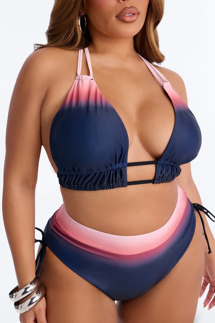 Sunset Fade Ombre Tank Top High Waist Ruching 2 Piece Bikini - Black/Pink