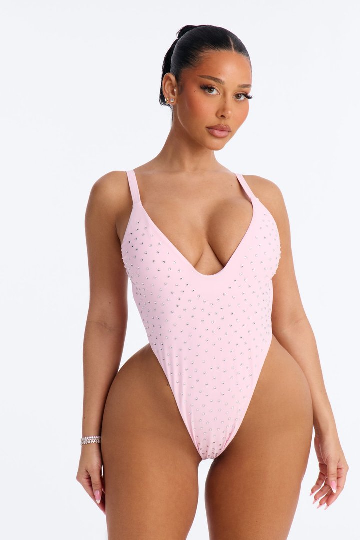 Luxe Heat Embellished Rhinestones High Cut 1 Piece Swimsuit - Pink