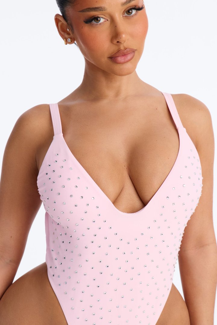 Luxe Heat Embellished Rhinestones High Cut 1 Piece Swimsuit - Pink