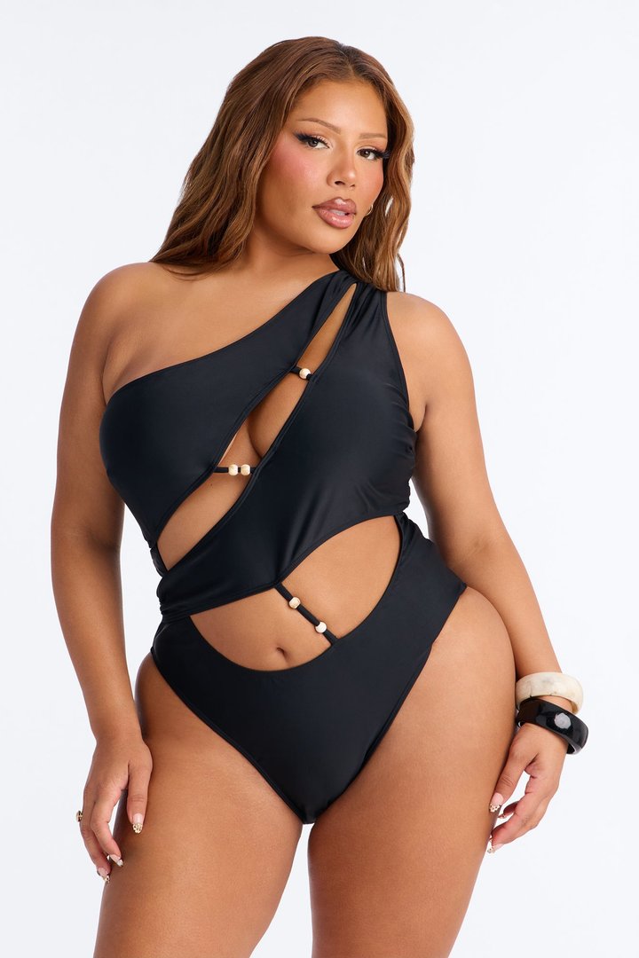 Sunset Swim Cut Out Beads Asymmetrical 1 Piece Swimsuit - Black