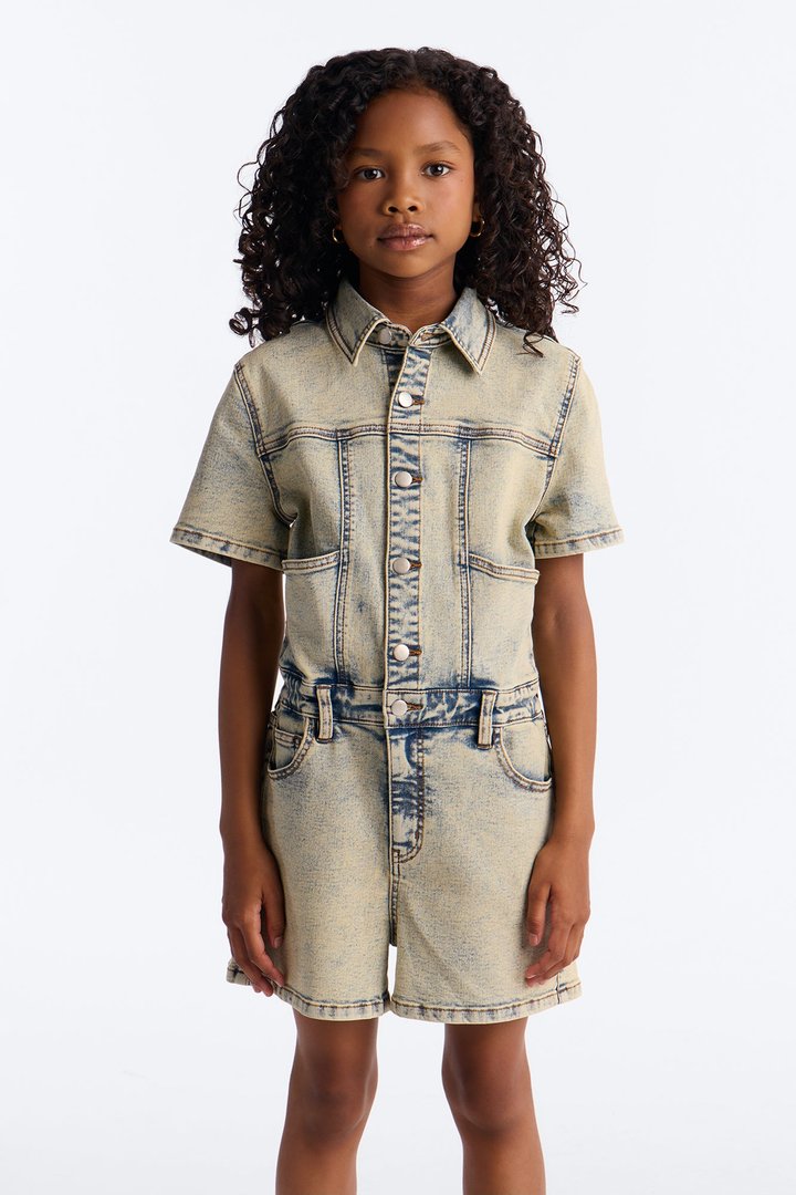 Mini Lucky Gal Vintage Wash Denim Romper - Light Wash