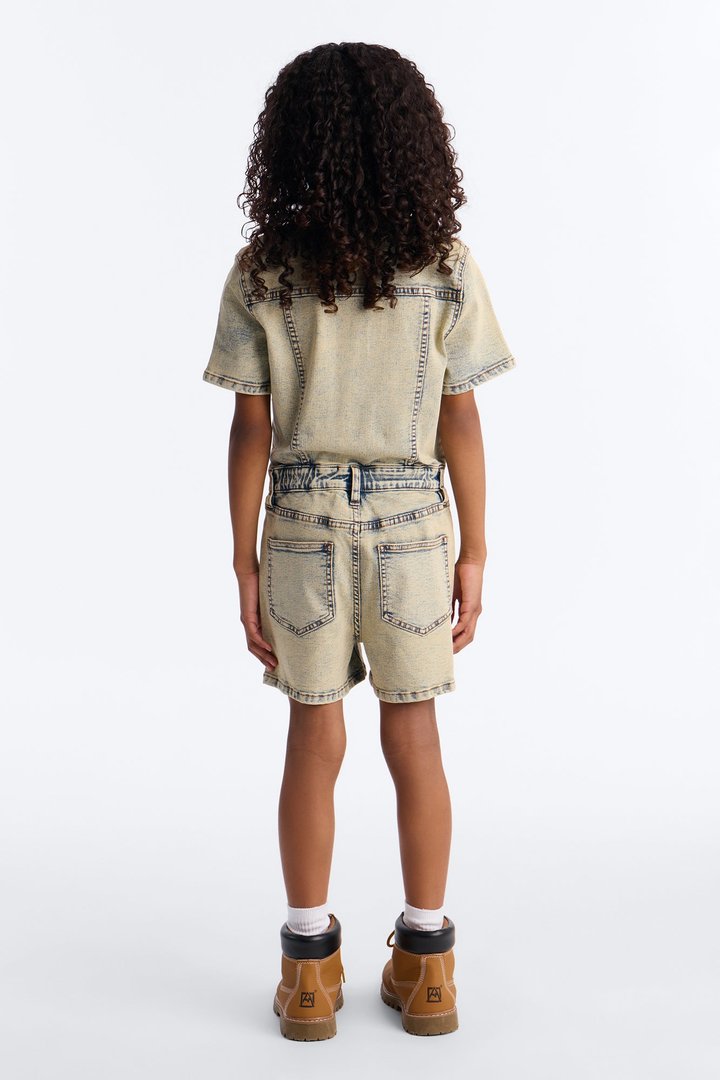 Mini Lucky Gal Vintage Wash Denim Romper - Light Wash