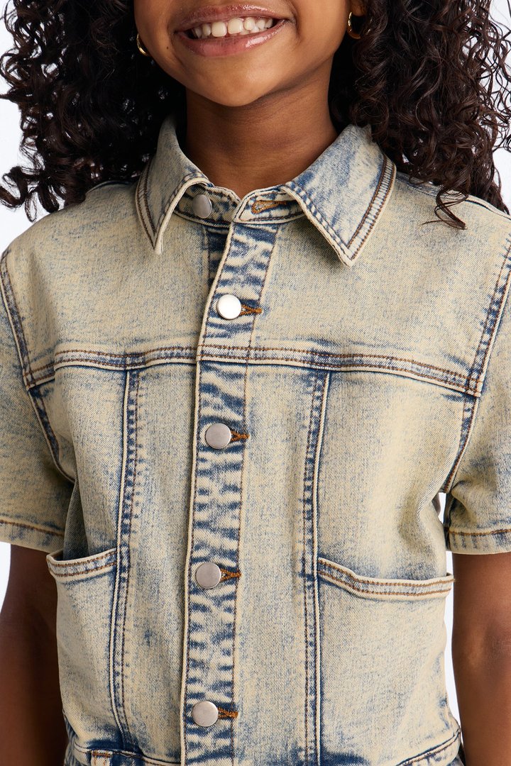 Mini Lucky Gal Vintage Wash Denim Romper - Light Wash