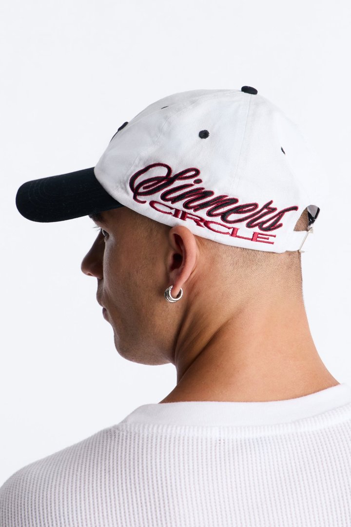 Sinners Circle Embroidered Snapback Hat - White