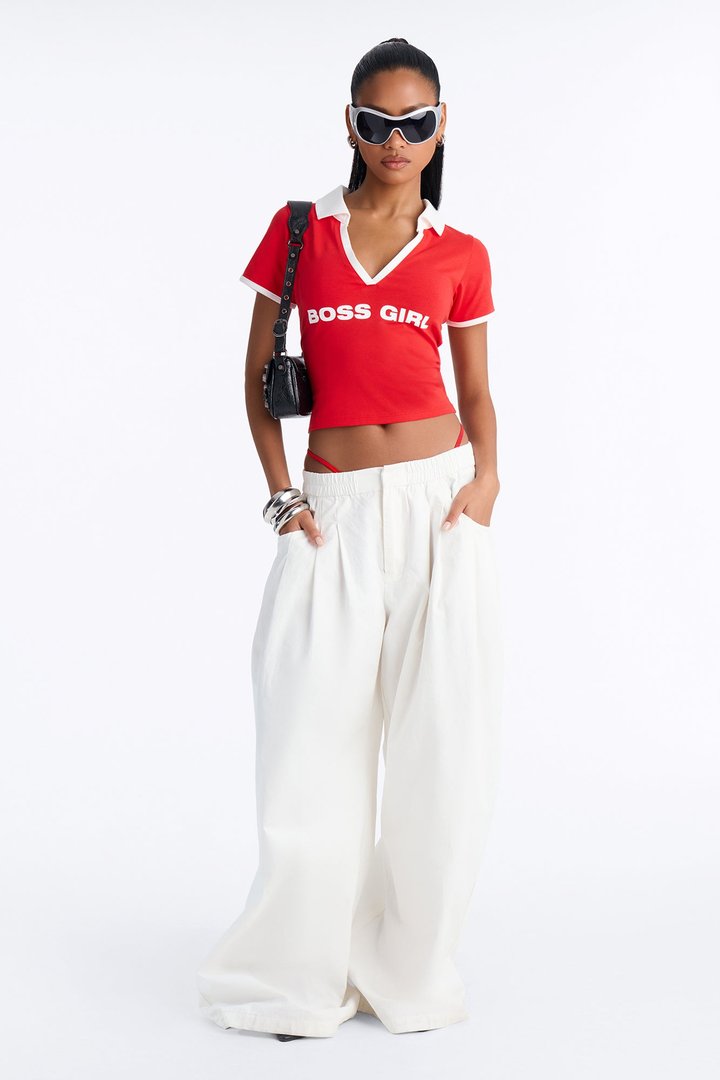 Boss Girl Fitted Polo Top - Red