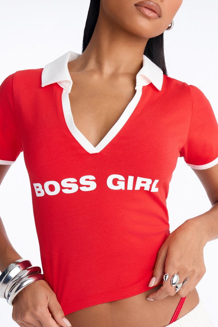 Boss Girl Fitted Polo Top - Red