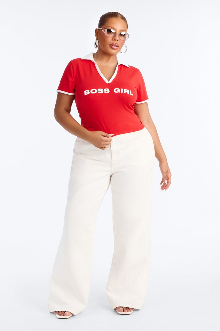 Boss Girl Fitted Polo Top - Red
