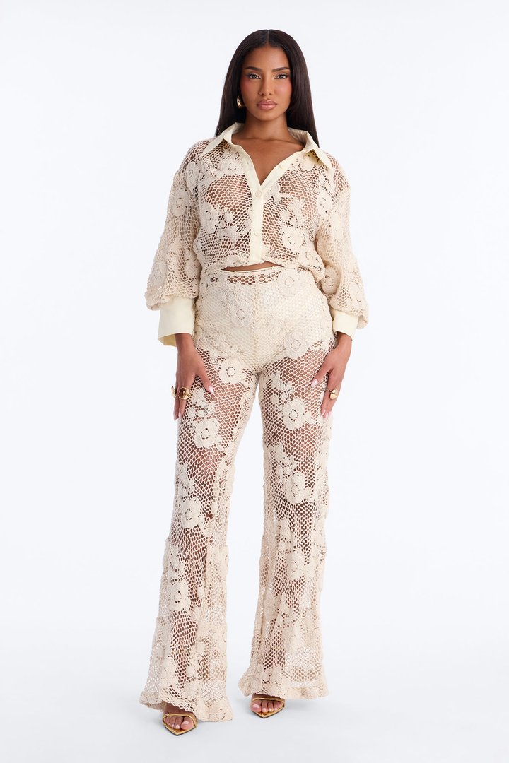 Iris Sequin Crochet 3 Piece Pant Set - Natural