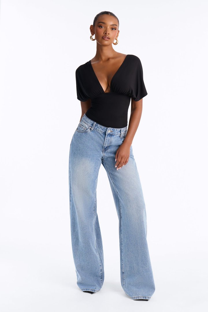 Sophie Ruched Short Sleeve V-Neck Bodysuit - Black
