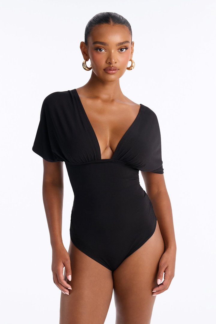 Sophie Ruched Short Sleeve V-Neck Bodysuit - Black