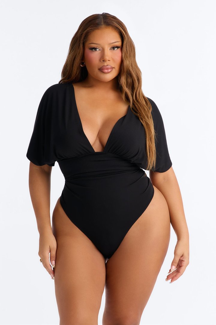 Sophie Ruched Short Sleeve V-Neck Bodysuit - Black