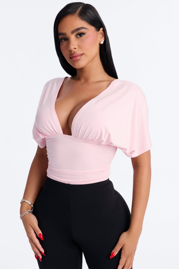 Sophie Ruched Short Sleeve V-Neck Bodysuit - Pink